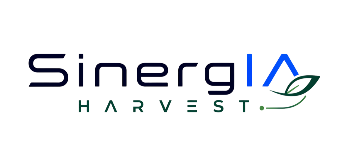 Logotipo de SinergIA Harvest: la palabra «SinergIA» con las letras «IA» destacadas en azul, debajo la palabra «Harvest» espaciada y a la derecha una hoja verde.